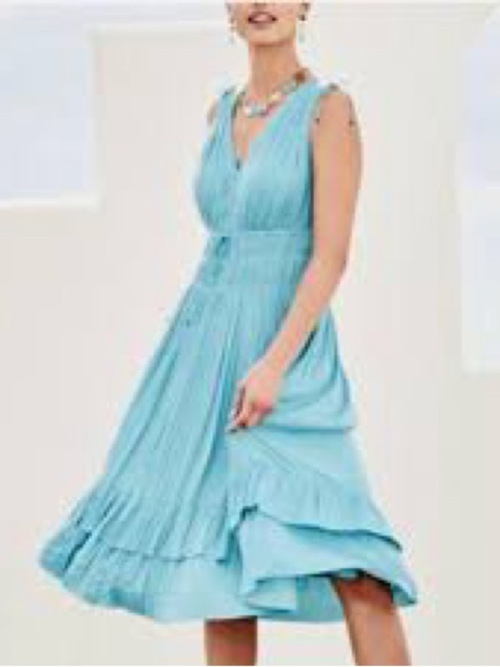 White House Black Market WHBM Blue Pleated V-Neck Midi Dress Smocked Waist XL